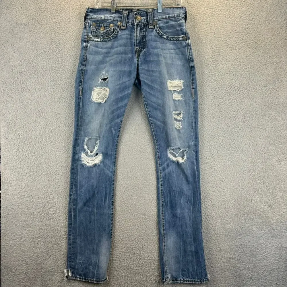 True Religion Ricky Jean Mens 29 Flap Super T Relaxed Distressed (meas 31x35)